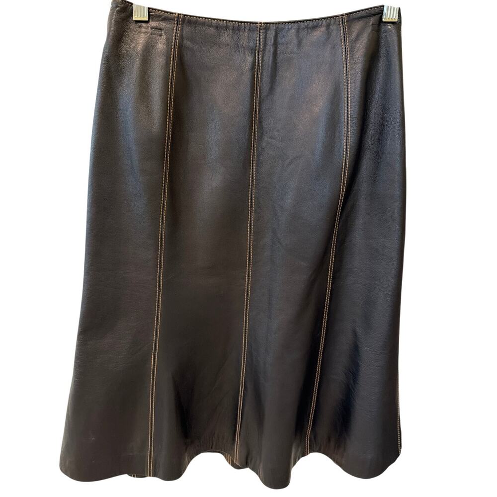 Black Leather Skirt Womens Size 4 Tan Stitching Indie Boho Chic Nicola Berti